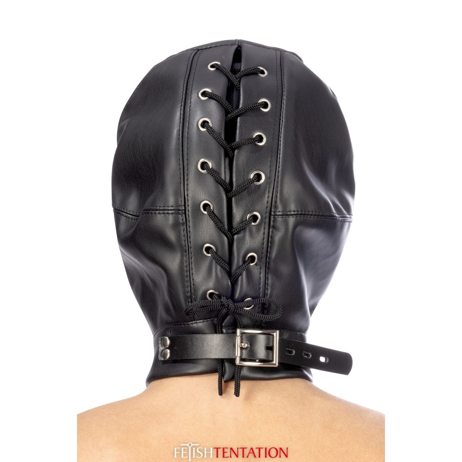 Cagoule BDSM 3 ouvertures en simili cuir - Fetish Tentation